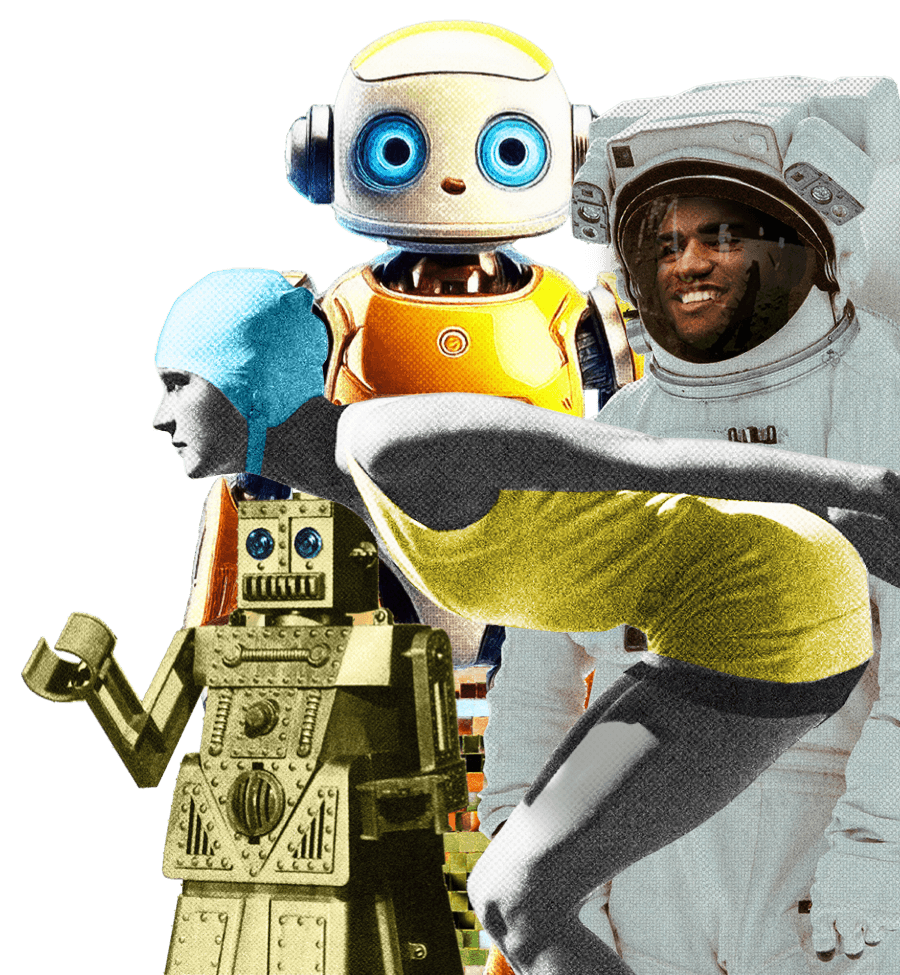 Collage with Robots, Diver, and Astronaut